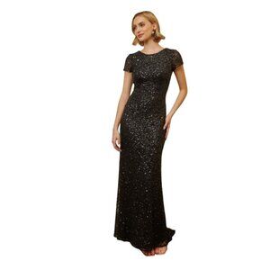 Adrianna Papell Black Sequined Maxi Dress With Train Short Sleeve Low Back Size4